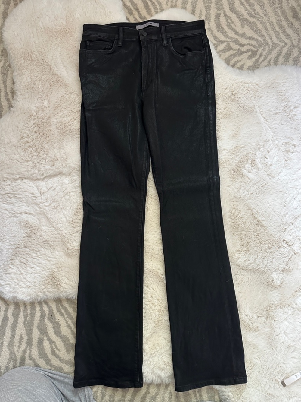 Joe’ Jeans high rise bootcut jeans in coated black color, size 30
